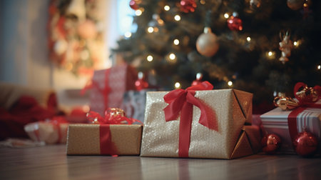 Christmas scenery with room decorated with Christmas tree and ornaments and gifts.の素材