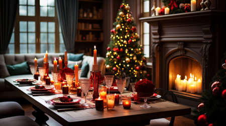 Christmas scenery with room decorated with Christmas tree and ornaments and gifts.の素材