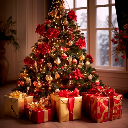 Christmas tree with gifts. Typical Christmas party scene.の素材