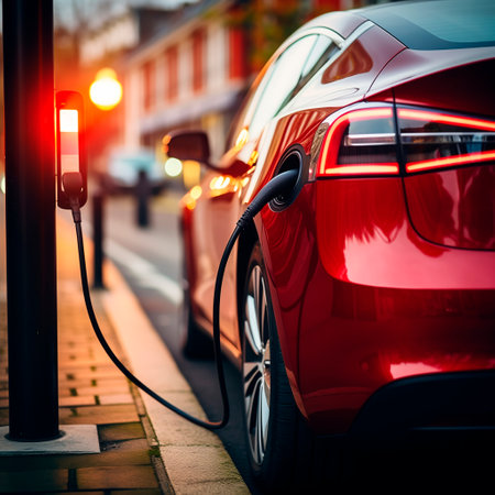 Electric car charging. Electric vehicle. EV car recharges battery energy at charging station.の素材