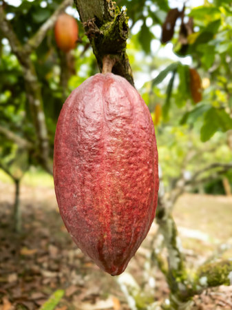 Cacao tree with fruits planted on farm in Ilheus, Bahia, Brazil.の写真素材