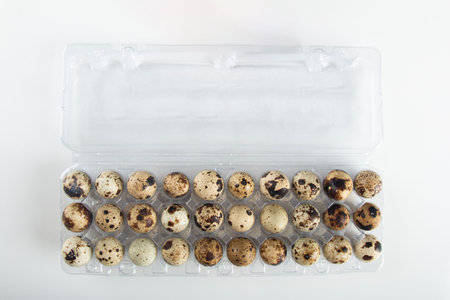 Quail eggs on a white background.の写真素材