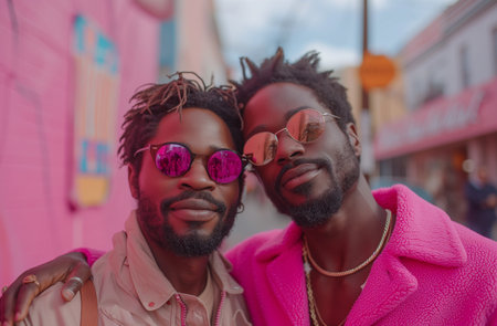 Portrait of black gay couple wearing colorful clothes.の素材