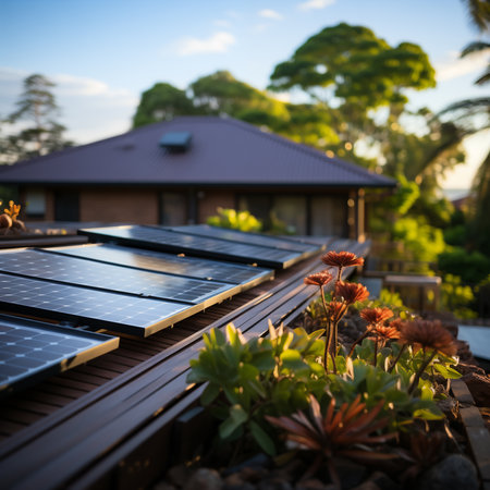 Solar panels on the roof of a modern house.の素材