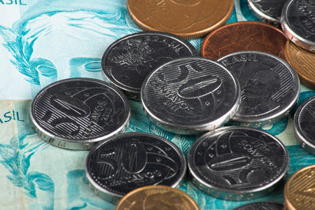 Brazilian Money.Brazilian Real coins and banknote.の写真素材