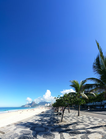 Ipanema Beach sidewalk with palm trees ocean and blue sky in Rio de Janeiro Brazil.の写真素材