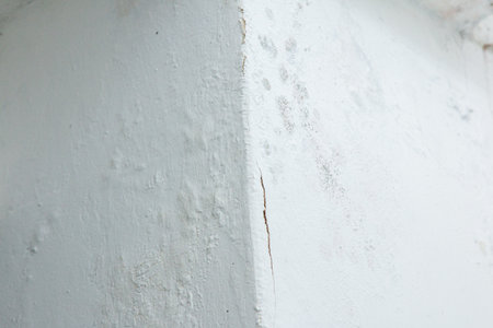 Cracked and moldy white wall corner.の写真素材