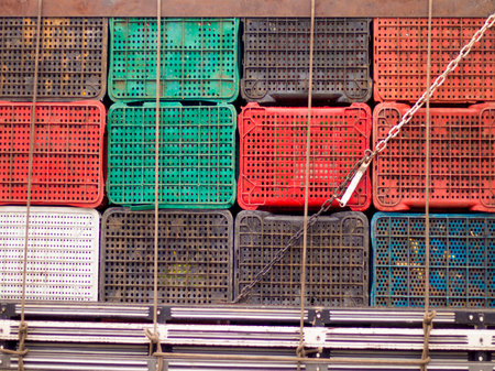 Assorted plastic crates on a truck.の写真素材