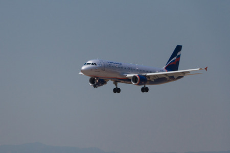 Manises, Spain - June 16, 2016: Aeroflot Airbus A320 landing at Manises airport in Valencia, Spainのeditorial素材