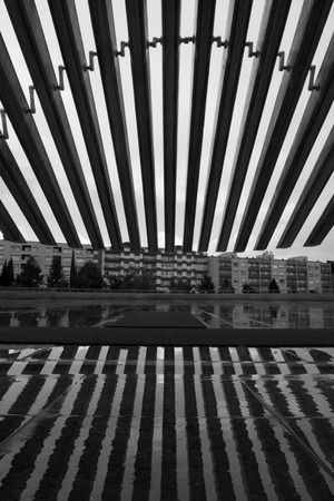 Oviedo, Asturias, Spain - Agost 09, 2017: Exhibition and Congress center Ciudad de Oviedo in Asturias. Designed by architect Santiago Calatrava, inaugurated in 2011 Spain. Picture in black and whiteのeditorial素材