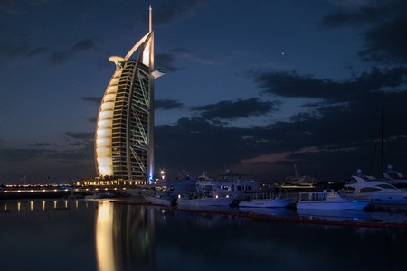 Dubai, UAE - March, 03, 2017: View of the luxury Burj Al Arab, the most exclusive hotel of the world, with seven stars at night.のeditorial素材