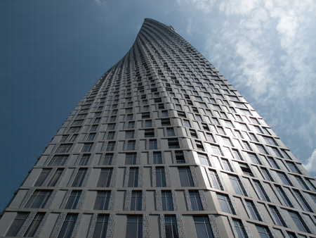 Duabi, UAE - Mach, 02, 2017: Perspective from the bottom of the Cayan tower (know also as Infinity tower) in Dubai marina.のeditorial素材