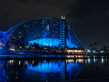Dubai, UAE - March, 03, 2017: View of the luxury Jumeirah beach hotel an exclusive hotel at night.のeditorial素材