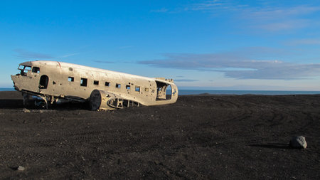 Wreckage of crashed airplane in 1973 Douglas R4D Dakota DC-3 C 117 of the US Navy in Iceland at...