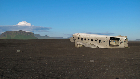 Wreckage of crashed airplane in 1973 Douglas R4D Dakota DC-3 C 117 of the US Navy in Iceland at Solheimsandur beach.のeditorial素材