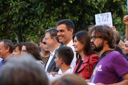 Valencia, Spain - June 18, 2016: Pedro S?nchez and Ximo Puig (PSOE) with M?nica Oltra (Comprom?s) with a banner on Gay Pride Day in Valenciaのeditorial素材