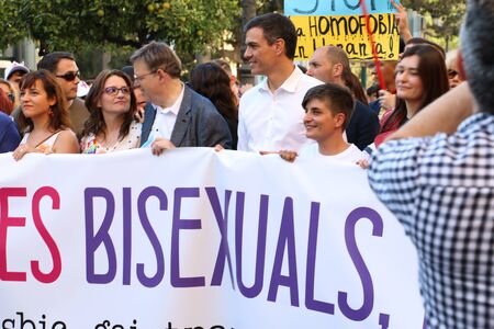 Valencia, Spain - June 18, 2016: Pedro S?nchez and Ximo Puig (PSOE) with M?nica Oltra (Comprom?s) with a banner on Gay Pride Day in Valenciaのeditorial素材