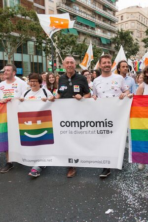 Valencia, Spain - June 16, 2018: Joan Valdov? and part of his political group (Compromis) with a banner on Gay Pride Day in Valenciaのeditorial素材