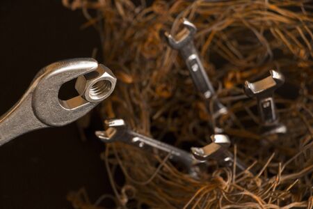 Figure of a birds nest made with steel wires and wrenches.  The largest of them simulates being the mother feeding a nut to the others. Concept - Illustration.の写真素材