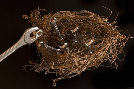 Figure of a birds nest made with steel wires and wrenches.  The largest of them simulates being the mother feeding a nut to the others. Concept - Illustration.の写真素材