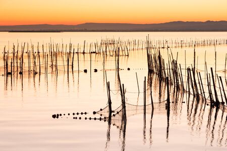 Image at sunset with reddish tones of the coastal lagoon in Valencia, Spain, with canes and fishing nets tied to these. Nature conceptの写真素材