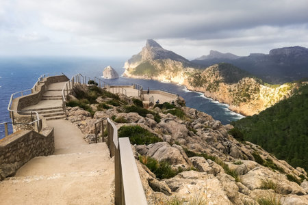 Perspective of the cliffs on the coastline of Cape Formentor on the island of Mallorca with the...