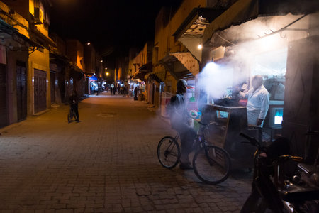 Marrakesh, Morocco - March 14, 2018: Street food stall in the medina of Marrakesh at nightのeditorial素材