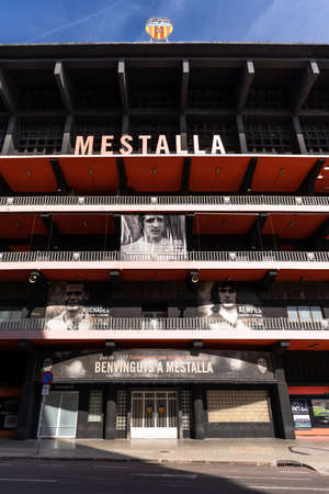 Valencia, Spain -August 1, 2021: Main entrance of the Valencia CF football stadium, with the club's shield on top of the facadeのeditorial素材