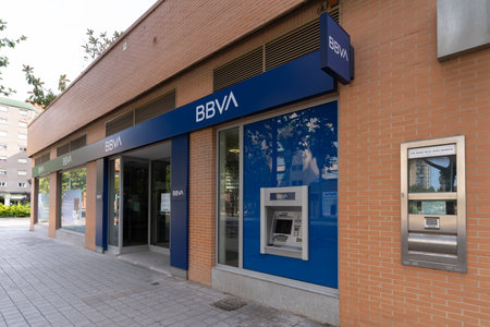 Valencia, Spain - August 1, 2021: Bank branch of BBVA, one of the largest banks in Spainのeditorial素材