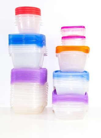 Stack of food plastic containers isolated on white background. Batch cooking conceptの写真素材
