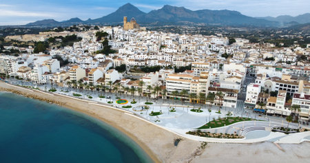 Altea, Spain - December 07, 2022: Aerial view of the new park in the beach of the town of Altea in Alicante, Spain with its famous church in backgroundのeditorial素材