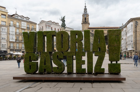 Vitoria, Spain - April 14, 2022: Letters from the city of Vitoria Gasteiz made with grass on the Virgen Blanca square. Basque country tourismのeditorial素材