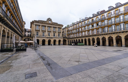 San Sebastian, Spain - April 18, 2022: Plaza de la ConstituciÃ³n, San Sebastian, Spain without people with the old town hall in the background, now a libraryのeditorial素材