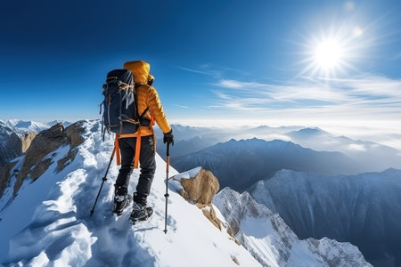 View of a mountaineer with backpack from behind on the top of a snowy mountain observing the high mountain landscape on a sunny dayの素材