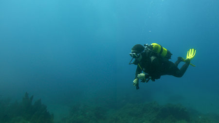 Scuba diver woman in motion, with a flashlight in her hand surrounded by a clean blue seabed near the bottom. Space for text, ads. Water sport conceptの写真素材