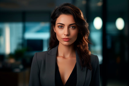 Closeup headshot portrait of confident brunette woman in suit looking at cameraの素材