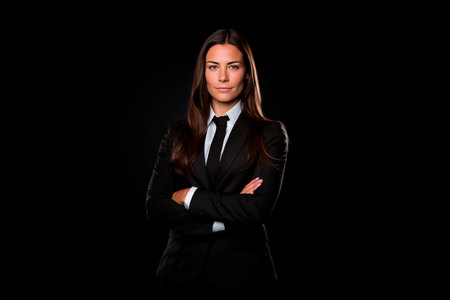 Portrait of a long-haired brunette Caucasian woman posing in black suit and tie looking at camera with arms crossed showing confidence and confidence on black backgroundの素材
