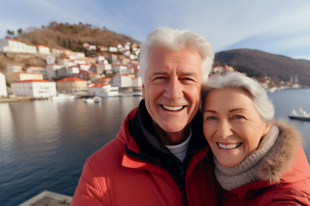 A retired couple hugging taking a selfie in a coastal town with the sea in the background while sightseeing in winterの素材