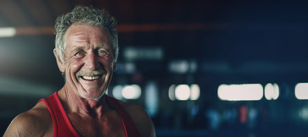 Close up portrait of a muscular elderly man smiling in a gym, with space for text next to himの素材