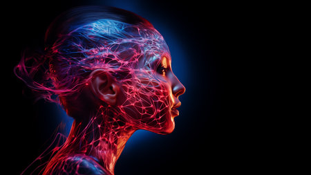 Side view woman's head showing brain neural pathways and nerves over black background with space for textの素材