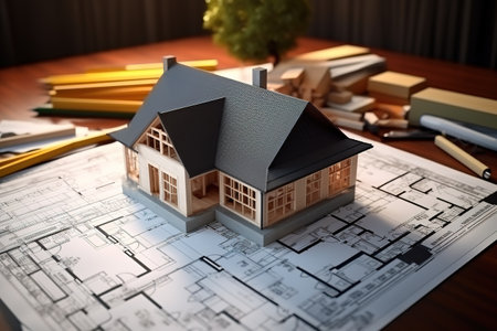 A wooden model of a house placed on a construction plan on an architect's table with his work toolsの素材