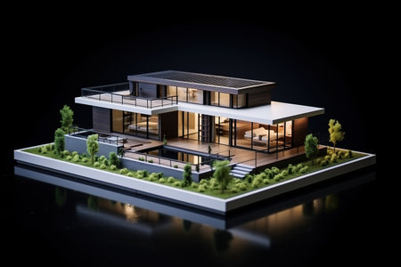 Mockup of a modern and luxurious detached house with a swimming pool and a garden surrounding the house, presented on a dark background. Real estate conceptの素材
