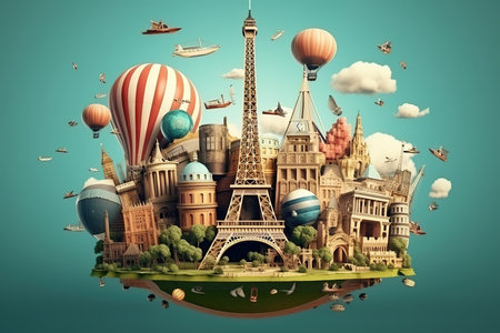 Fantastic illustration of world monuments on a platform in the air with fantasy elements and in the center of the image the Eiffel Tower. World travel conceptの素材