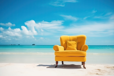 A comfortable classic style yellow armchair on the shore of a natural and uncrowded beach on a sunny day with blue sky and turquoise watersの素材