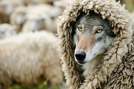 Close-up portrait of a wolf disguised in sheep's skin near a quiet flock, trying to deceit one of the sheep. Deceptive and harmful appearancesの素材