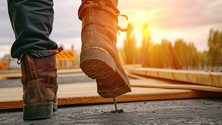 Close up of feet of a construction worker having an accident while walking through a site with debris and stepping on a nail in construction site with the sun in background. Space for textの素材