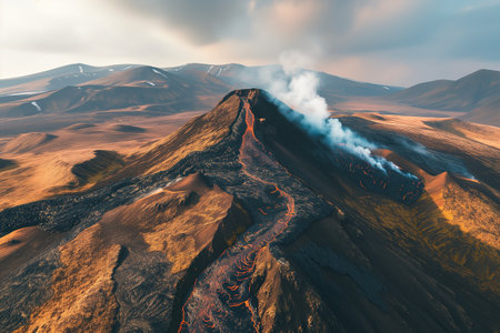 Drone shot of an erupting volcano with steaming lava on the hillside in Iceland landscape surrounded by other hills showing the large expanse of desert land around the volcanoの素材