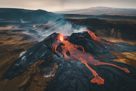 Drone image of an active volcanic landscape with steaming lava on its slopes in Iceland, surrounded by a volcanic landscapeの素材