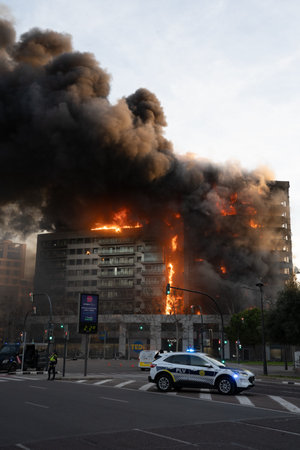 Valencia, Spain - February 22, 2024: Fire in a 14-story residential building on Maestro Rodrigo and...