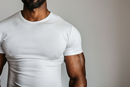 Torso portrait of a black well-built man stands against a neutral gray backdrop, showing his upper body physique. His muscular arms and defined chest wearing tight white t-shirt. AI generatedの素材